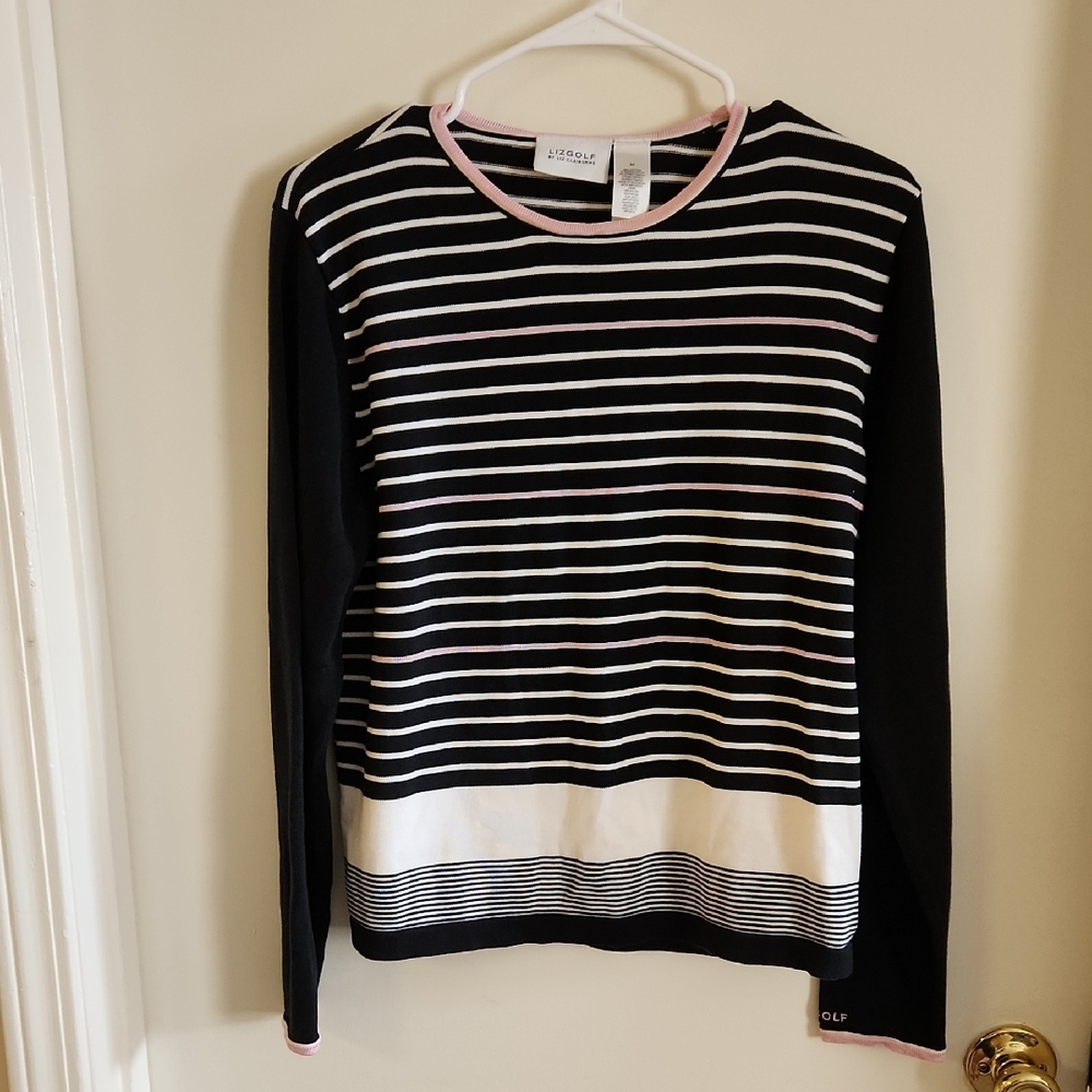 Lizgolf By Liz Claiborne Navy and White Stripe with Pink Crew Neck Sweater